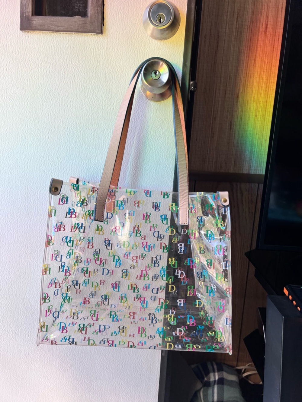 Dooney & Bourke Multicolor Logo Clear PVC Shoulder Tote with Tan Handles